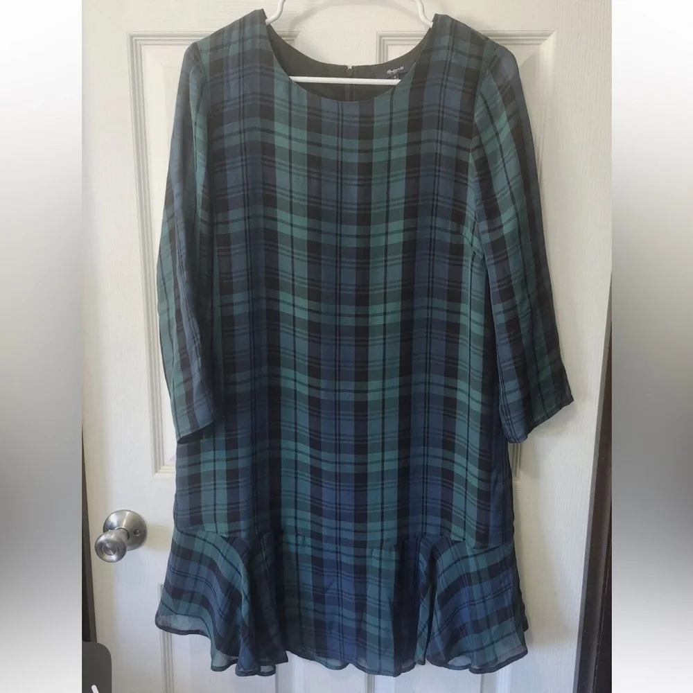Madewell 100% Silk Plaid Dress - Blue and Green, Ruffle Hem, Size 2